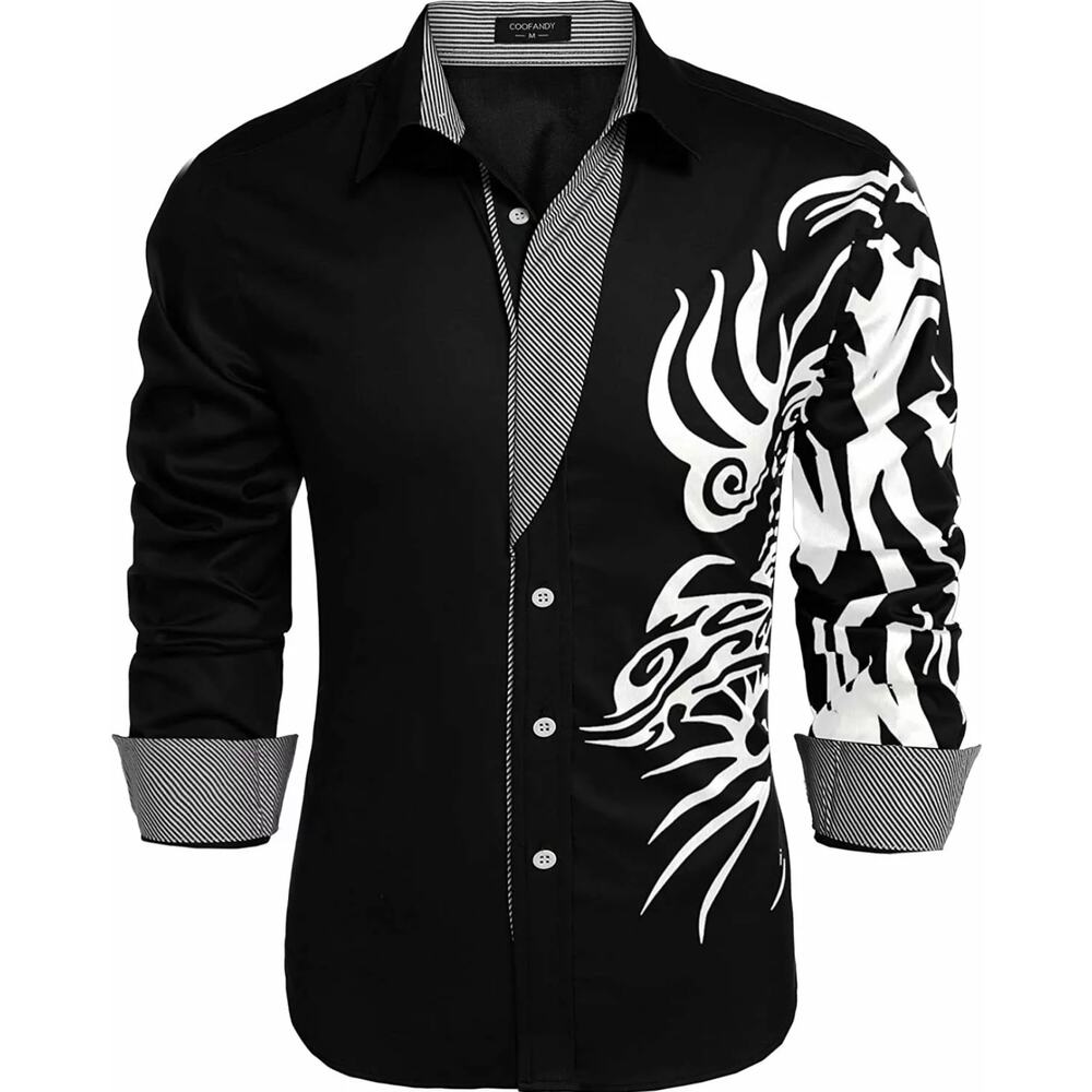 COOFANDY Mens Black White Print Button Down Long Sleeve Woven Shirt XXL